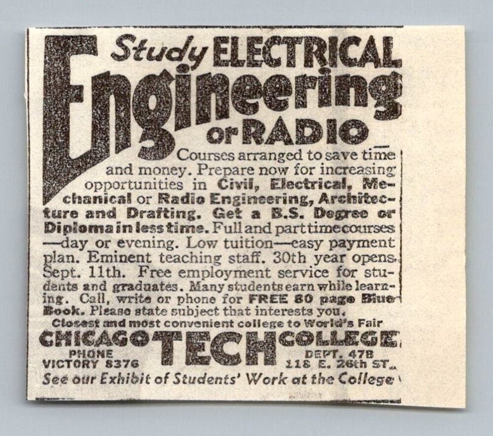 1933 Chicago Tech College Electrical Radio Engineering World's Fair Ad Ephemera